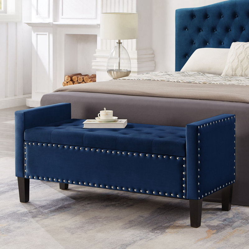 Hasaun Velvet Upholstered Storage Bench, Navy