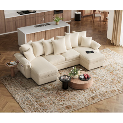 Felipe Large Corduroy U-Shaped Modular Sectional With Sleeper Bed, Dual Storage Chaises, And 9 Pillows, Wide Sofa With USB Charging