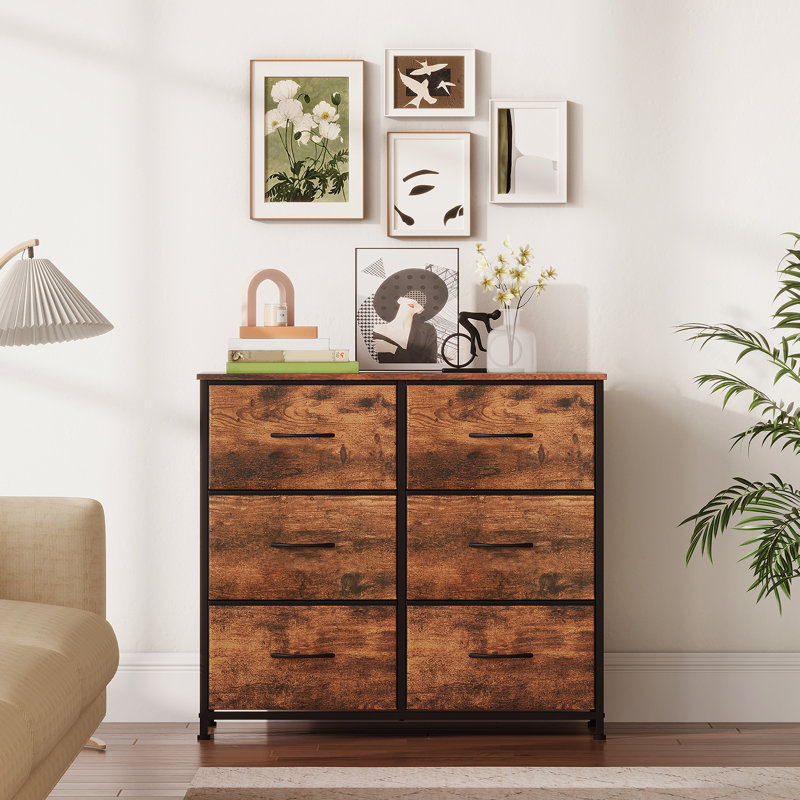  Commode 6 tiroirs en tissu large, commode horizontale avec structure en métal robuste, armoire de rangement pour le vestibule de la chambre à coucher, imprimé grain de bois