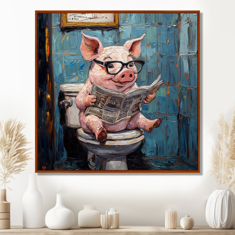 Toile de cochon Keonda, lecture du journal I - art mural sur toile cochon, H 16 po x l 16 po, Impression encadrée flottante