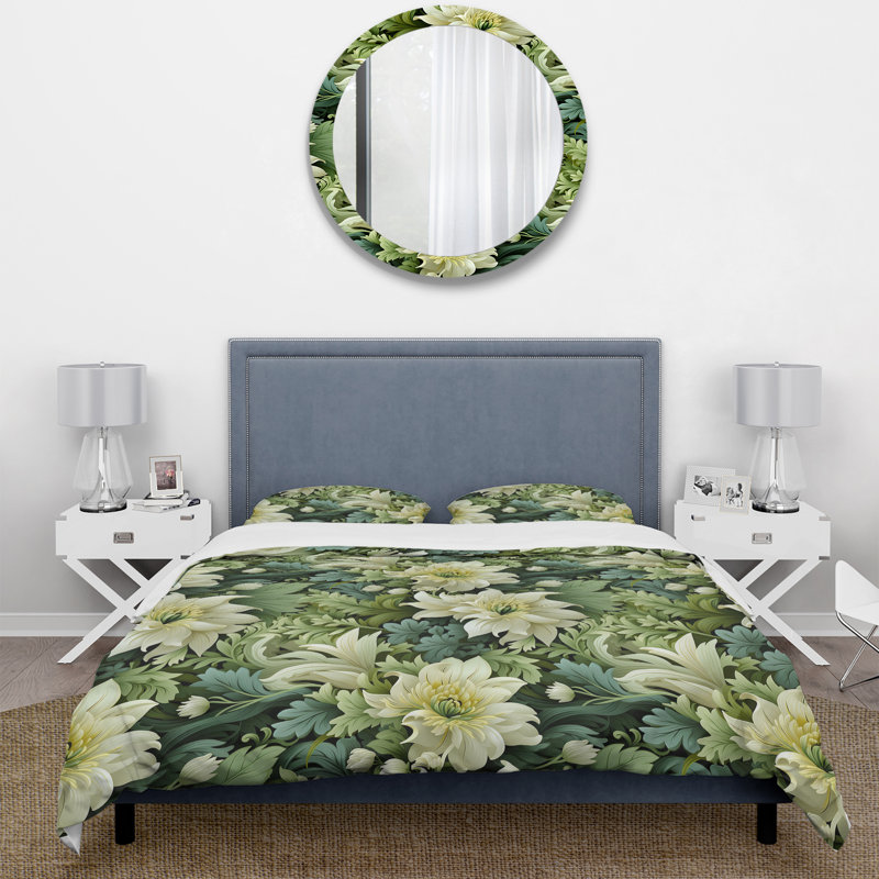 Ensemble de housse de couette Green Floral Flourish Elegance III - Floral, Housse de couette pour très grand lit et 2 très