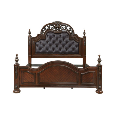 Formal Traditional Eastern  Bed Button Tufted Upholsted Headboard Posts  Finish Bedroom Furniture Carving Wood Design