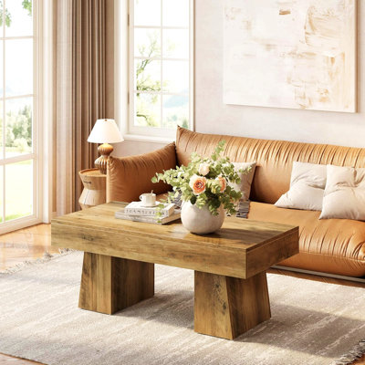 Tables basses rectangulaires en bois brun rustique de 47,24 po avec base épaisse, meubles de cocktail modernes pour le salon