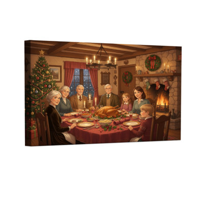 Ensemble de 3 reproductions d'art sur toile, "Christmas Family Gathering Around Christmas Table"