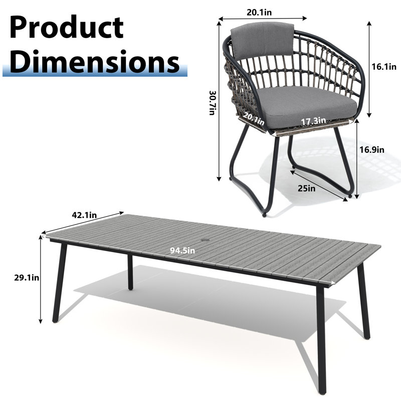 8 - Person Metal Patio Dining Set With Removable Cushions And Umbrella Hole, Gray Cushion/Dark Gray Table Top
