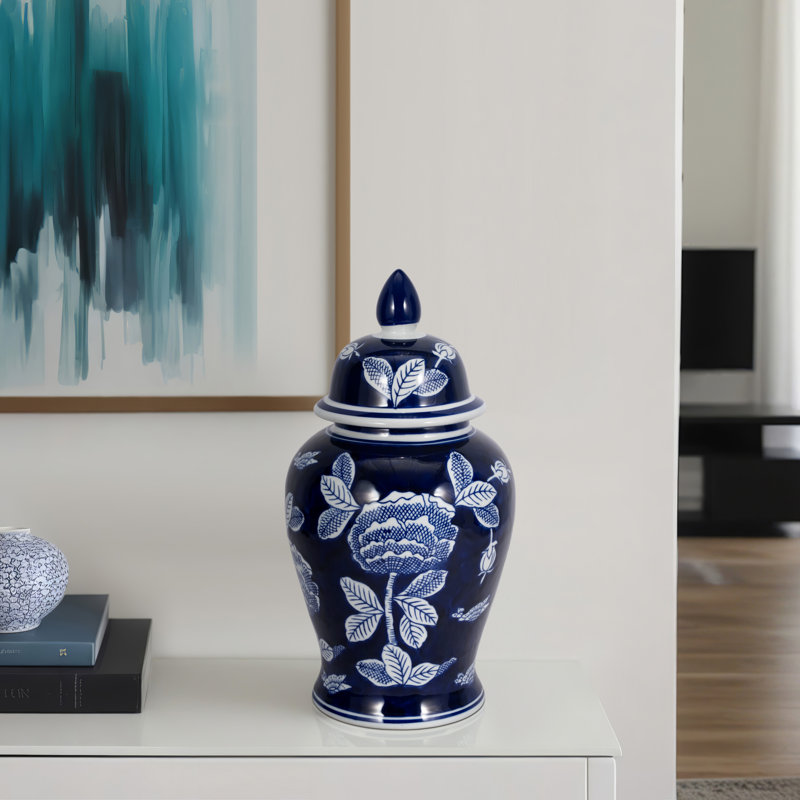 Chinoiserie Traditional Stoneware and Ceramic Lidded Jar with Decorative Motif and Classic Silhouette in Timeless Design for Display or Accent Placement in Living Spaces or Shelf Arrangements