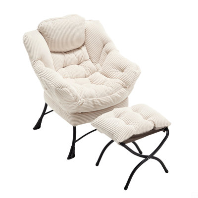 Space-Saving Lazy Lounge Chair with Ottoman & Side Pocket - Cozy White Flannel Accent Chair for Relaxing