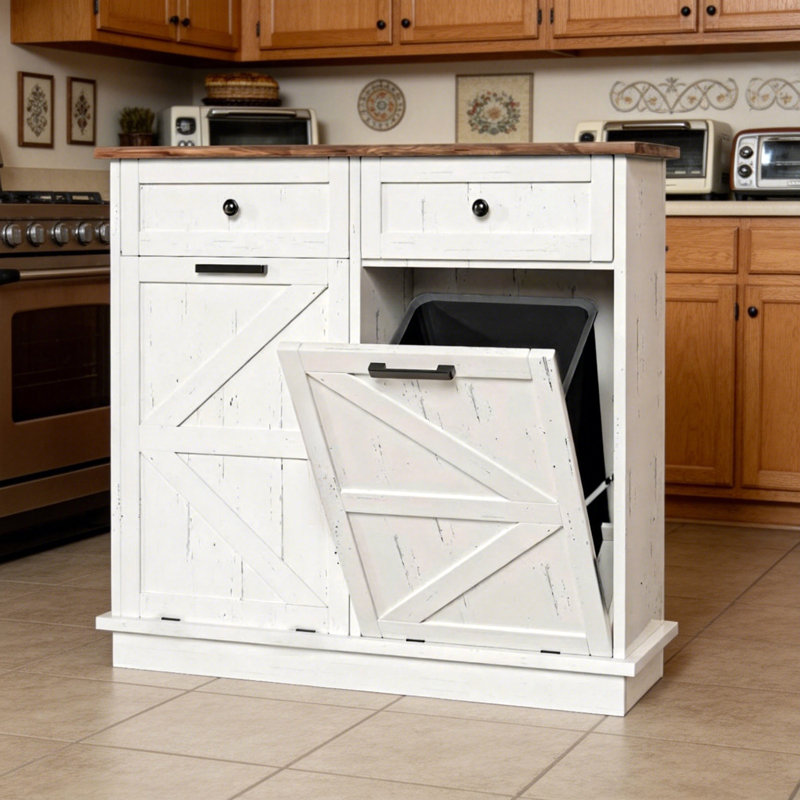 Armoire à poubelles et recyclage à double ouverture basculante de 100 cm avec 2 tiroirs, 2 bacs de 38 litres, rangement pour cuisine et buanderie de style campagnard (bacs non inclus)