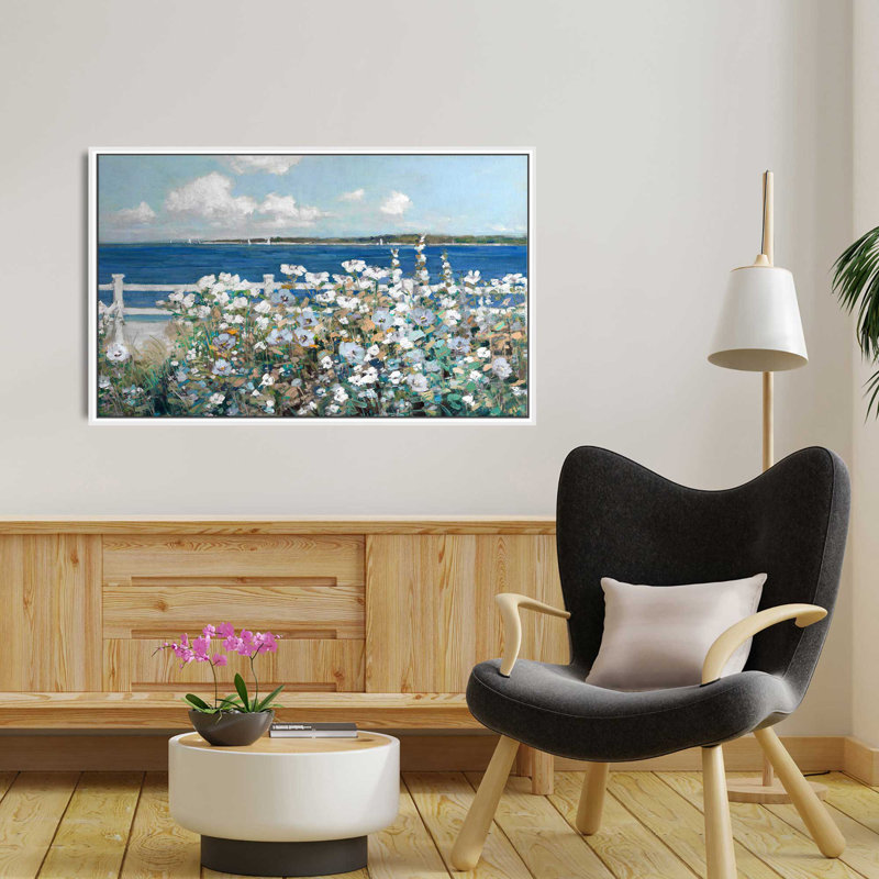 Bayside Garden par Sally Swatland - Peinture, L 51,5 po x H 31,5 po, Cadre blanc