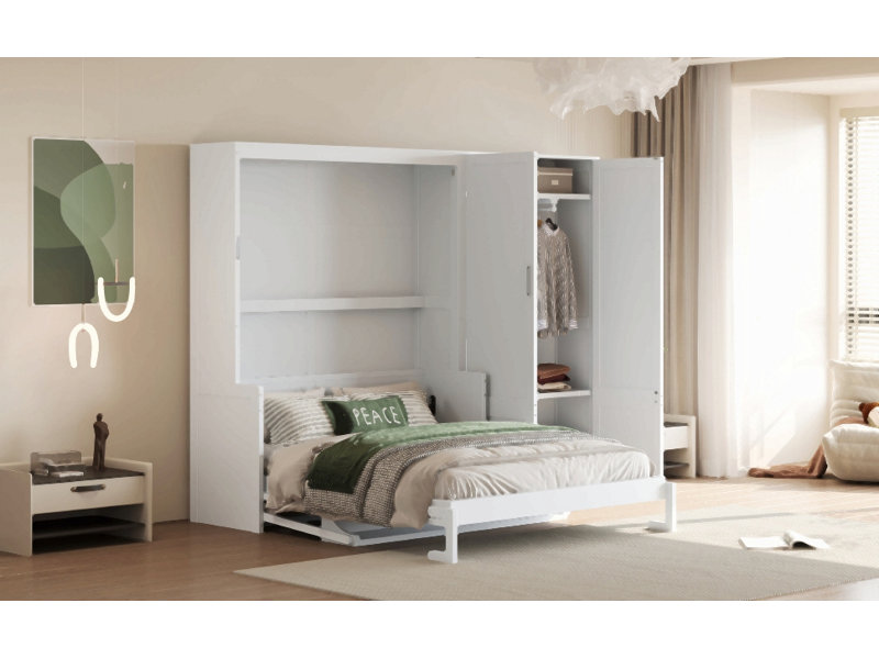 Grand lit escamotable mural avec placard, Blanc