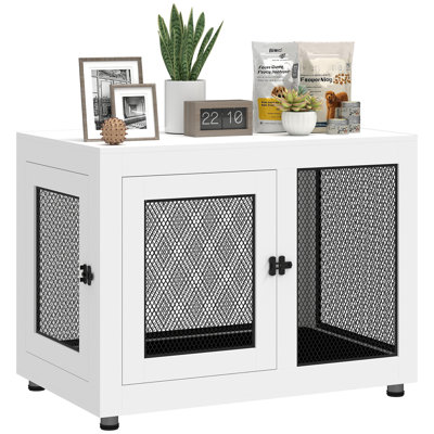 Table de bout Tucker Murphy Pet ™ avec cage résistante à l'eau, cage à deux portes pour chiens de grande taille et de taille moyenne, chenil en bois pour l'intérieur, blanc
