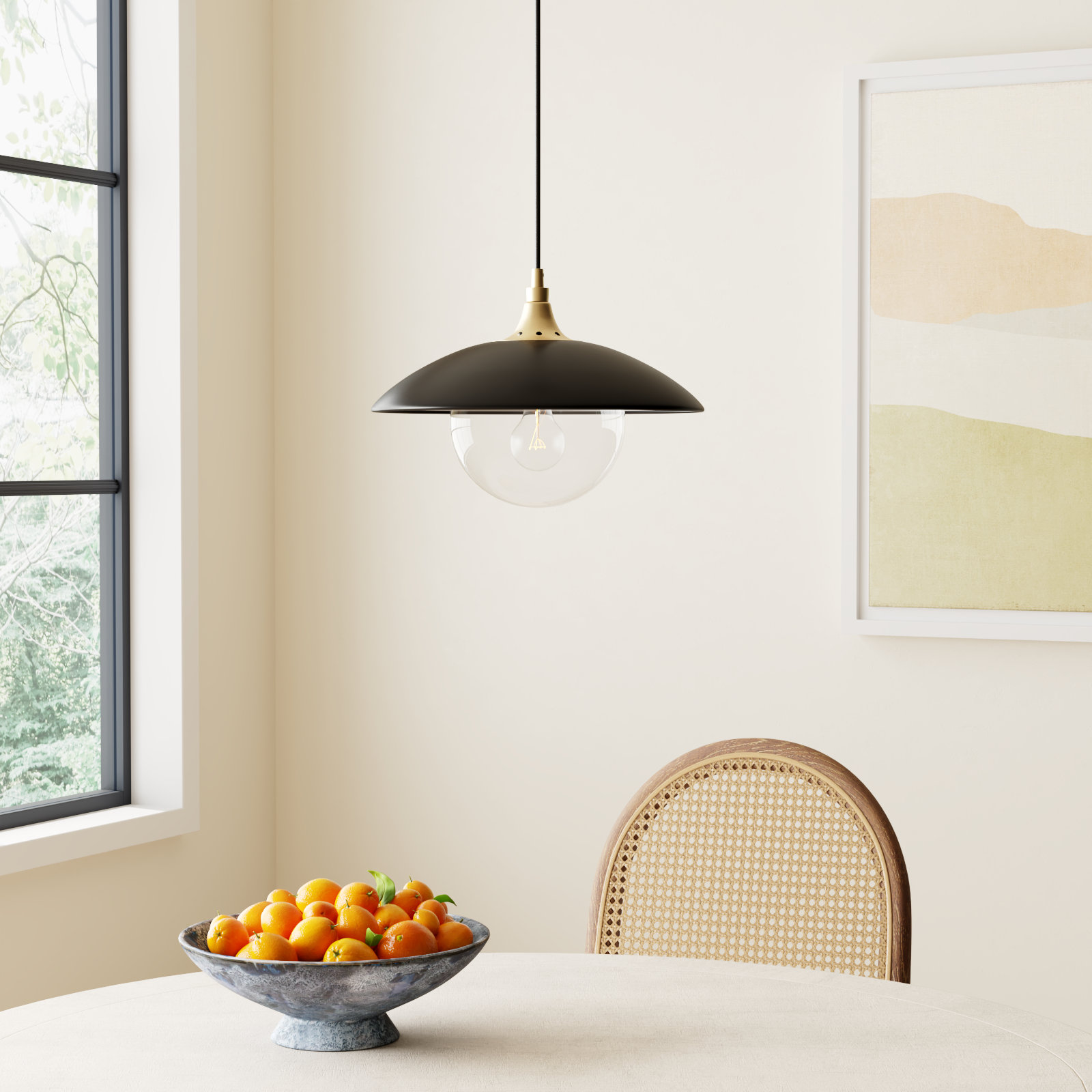 Morine Single Light Glass Pendant, Matte Black/Brass, Clear