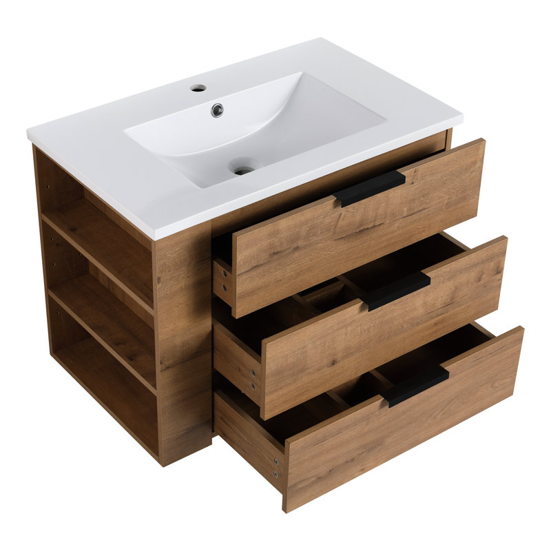 Meuble-lavabo de 30 po avec lavabo en résine mural - Trait imitation chêne, 3 tiroirs, Poignée, Fermeture douce, Tablette latérale réglable pour rafraîchir la finition, Rangement de tiroir, Évier, Caractéristique, Espace