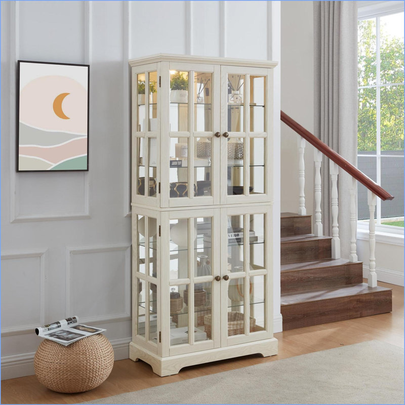 Cabinets, Traditional Off-White Curio Display Cabinet with Glass Doors Adjustable Shelves E26 Bulb Included | MDF+glass | Living Room