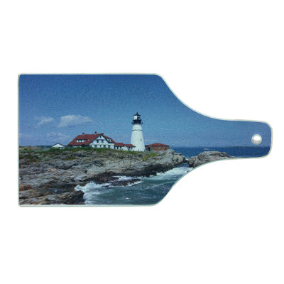 Ambesonne Landscape Tempered Glass Cutting Board Lighthouse House on Rock Multicolor