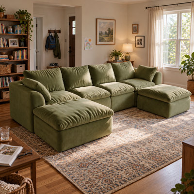 Canapé modulaire à six places en lin avec méridienne double et repose-pieds, vert