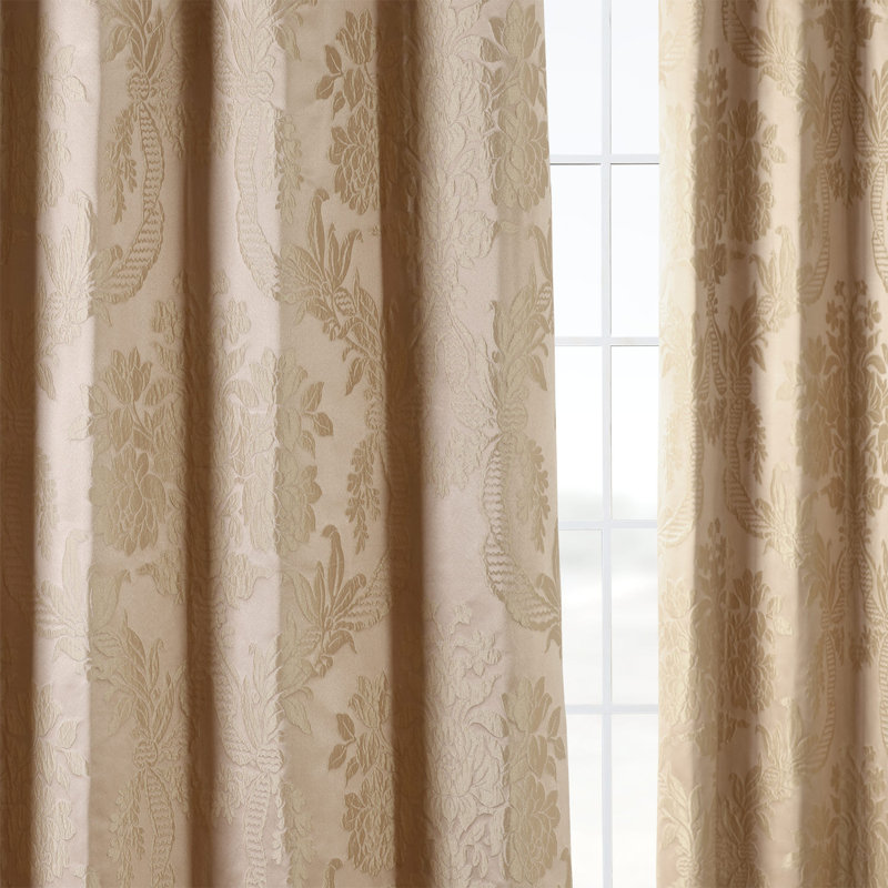 Ballsallagh Floral Faux Silk Room Darkening Curtain Panel, 50" W x 108" L, Magdelena Beige/Gold