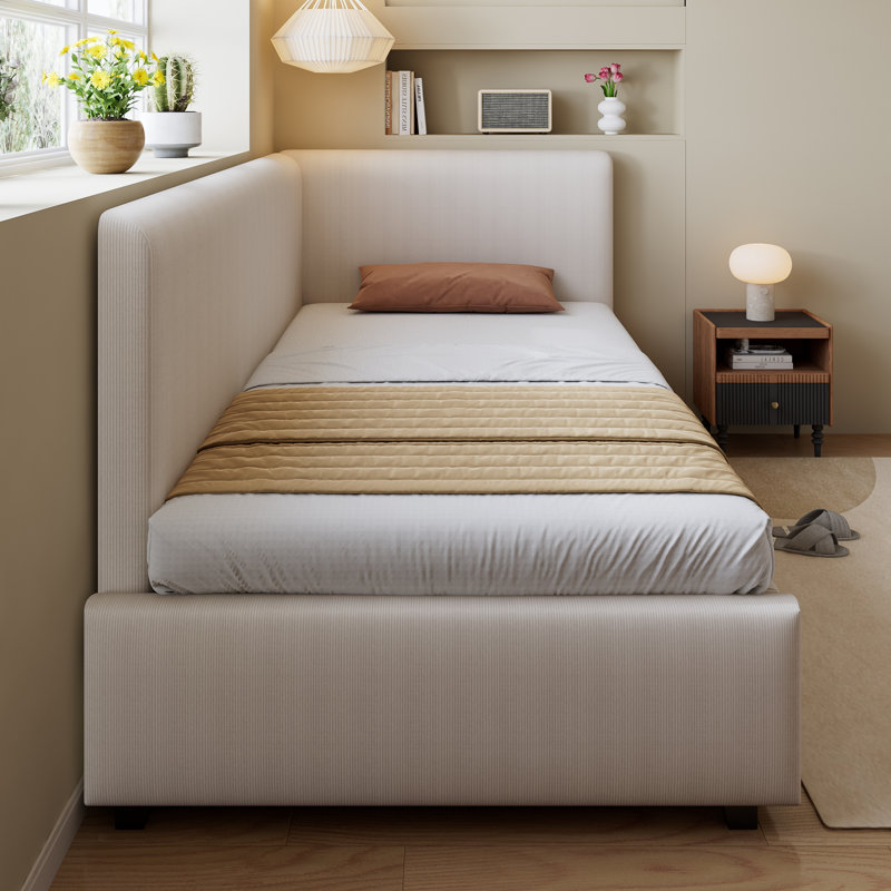 Beige Corduroy Upholstered Daybed with Secure Side Rails, Single