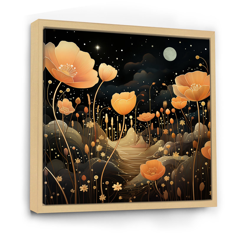 Orange orange clair de lune, prairies florales - souci, art mural, H 30 po x l 30 po x P 1,5 po, Cadre flottant brun