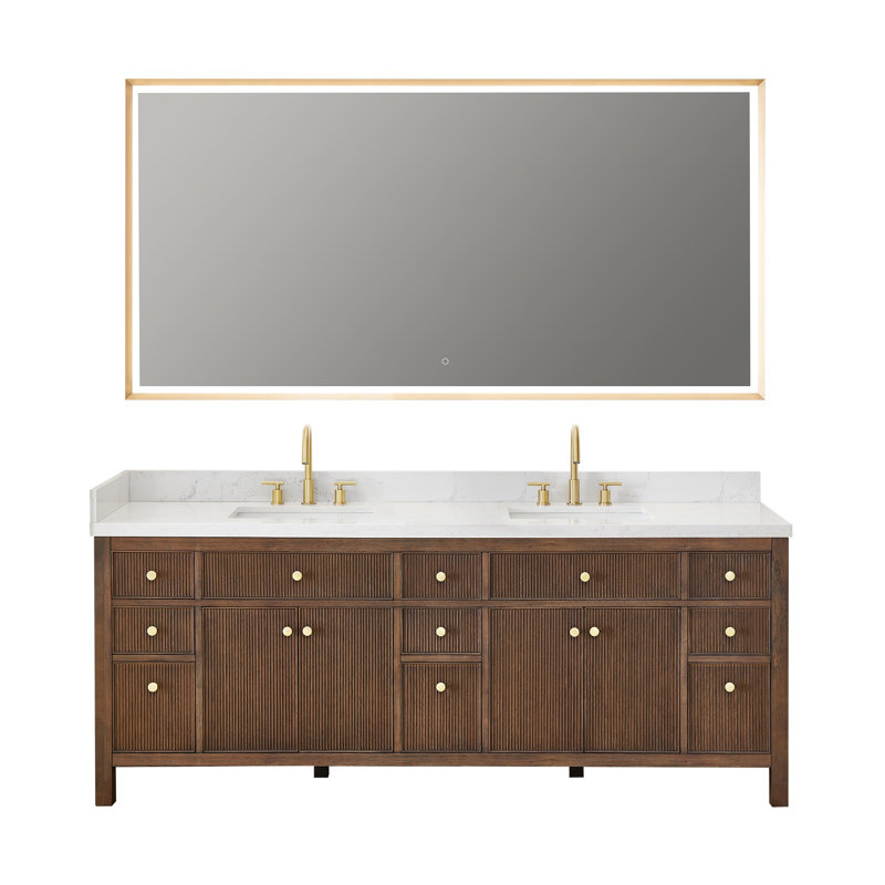 Lala 84" Double Bathroom Vanity with Grain White Engineered Stone Countertop with Mirror, Brown Brushed Oak