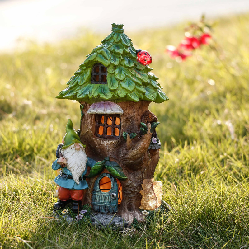 Juliete Resin Pine Cottage and Goblin Garden Statues with Solar Light(10.2 Inch)