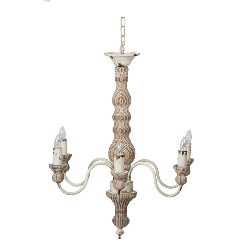Distressed White and Natural Wood 6-Light Classic Chandelier