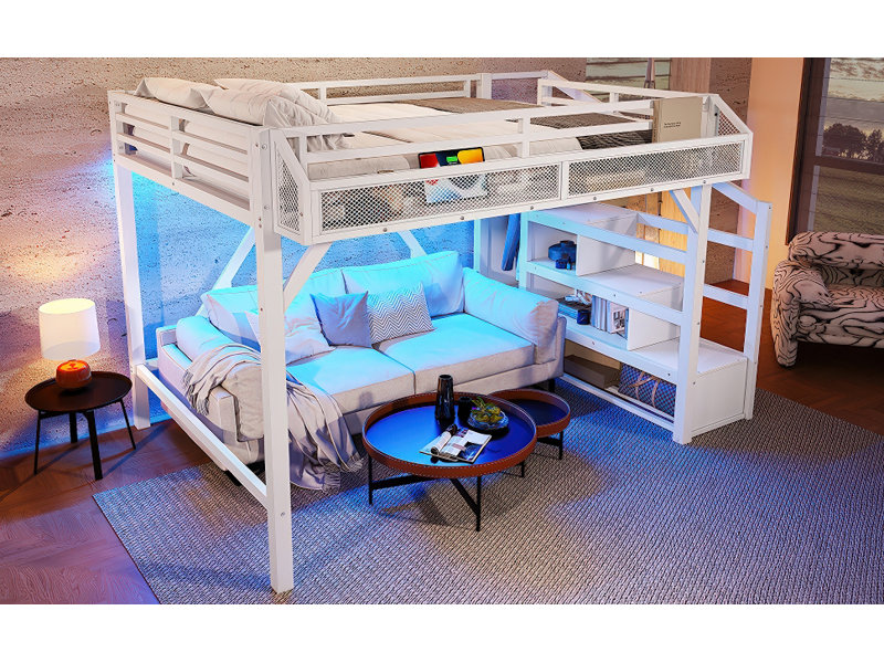 Full Loft Bed With Storage Stairs, Shelves And Built-In Wardrobe, Metal Loft Bed Frame With USB Ports And LED Lights, Noise-Reduced Design, White