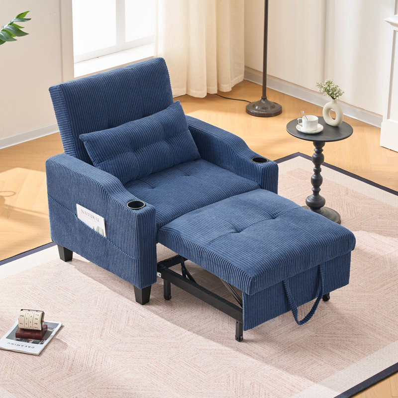 36" Wide Convertible Chair with Pull Handle - 3-In-1 Sleeper Futon Chair Bed with Cup Holder, Blue