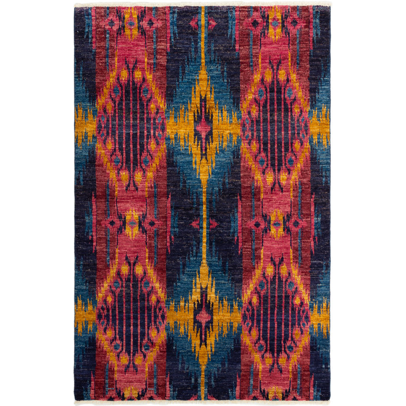Tapis unique bleu / rose en laine noué à la main style Mogul des années 2010 4 pi 9 po x 9 pi Quentrell