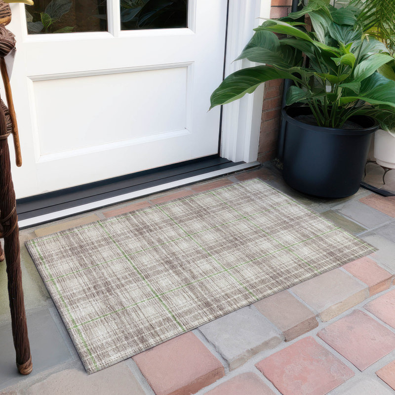 Beige Plaid Synthetic Washable Indoor/Outdoor Rug 1'8" x 2'6"