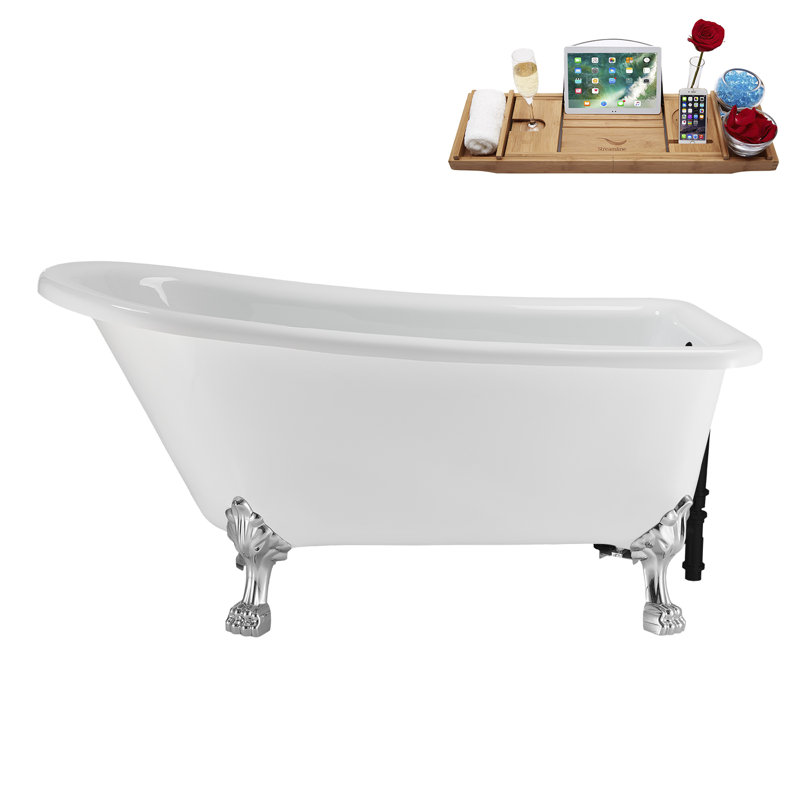 58" Streamlin Clawfoot Tub,Tray,Drain, Clawfeet, Polished Chrome, Matte Black
