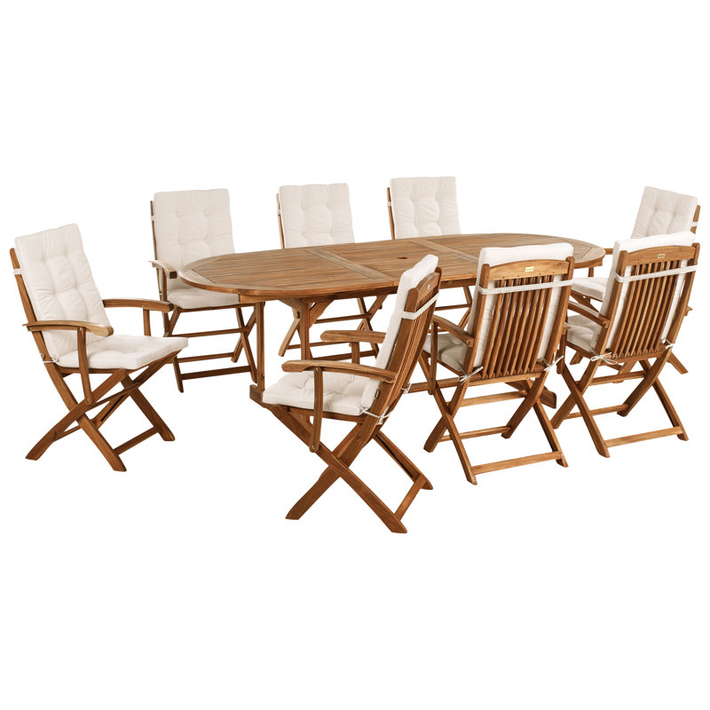 8 - Person Acacia Patio Dining Set with Oval Table , Cushions Included, Natural Wood/Beige