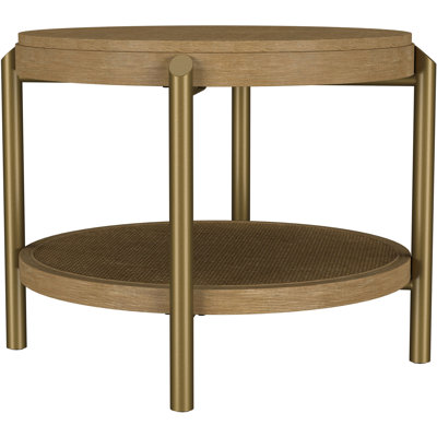 Table d'appoint ronde avec tablette de rangement ouverte, fini sablé, bois d'hévéa et bois dur asiatique, pieds en métal, idéale pour le rangement et la décoration de votre salon, placage en frêne.