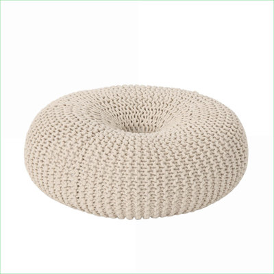 100% Cotton Knitted Round Bean Bag Pouf Chair, Extra Foot Rest Small Guest Seat for Living Room Bedroom | Cotton | Beige