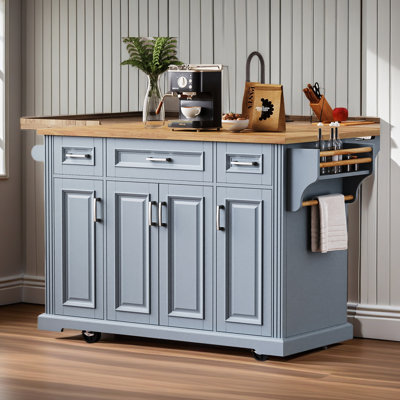 54Inch Large Kitchen Island With Rubber Wood Drop Leaf, Embossed Texture Rolling Kitchen Cart On 4 Wheels With 4 Doors And 3 Drawers, Kitchen Island W by Lark Manor