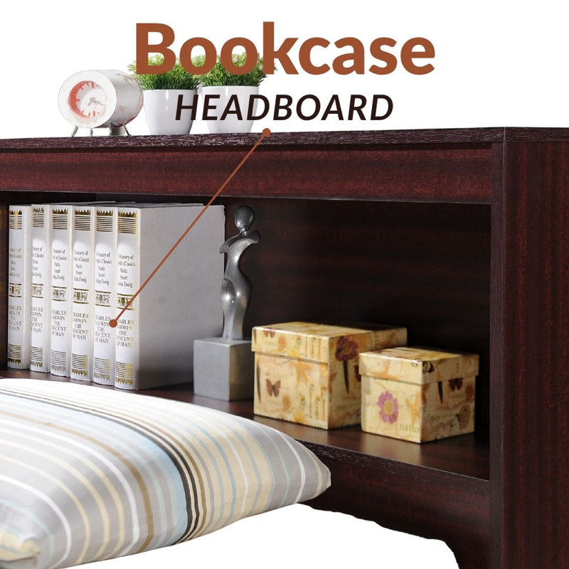 Twin-Size Storage Platform Bed with Bookcase Headboard and 3-Drawers for Clothing, , Mahogany