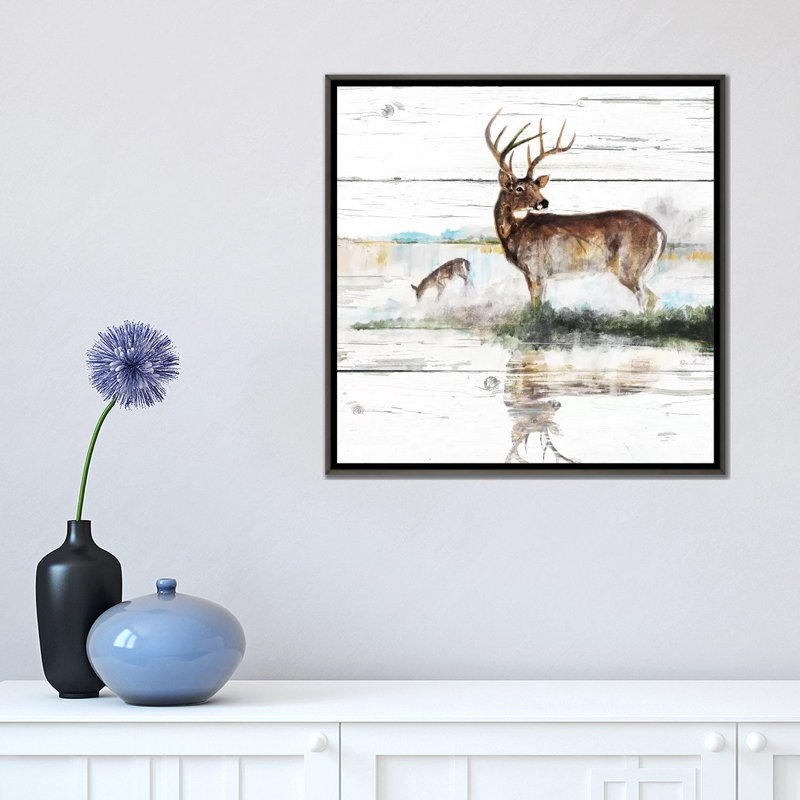 «Rustic Misty Deer» par Ruane Manning - reproduction d'art, H 18 po x l 18 po x 1,5 po, Toile avec cadre gris, Aucun mat