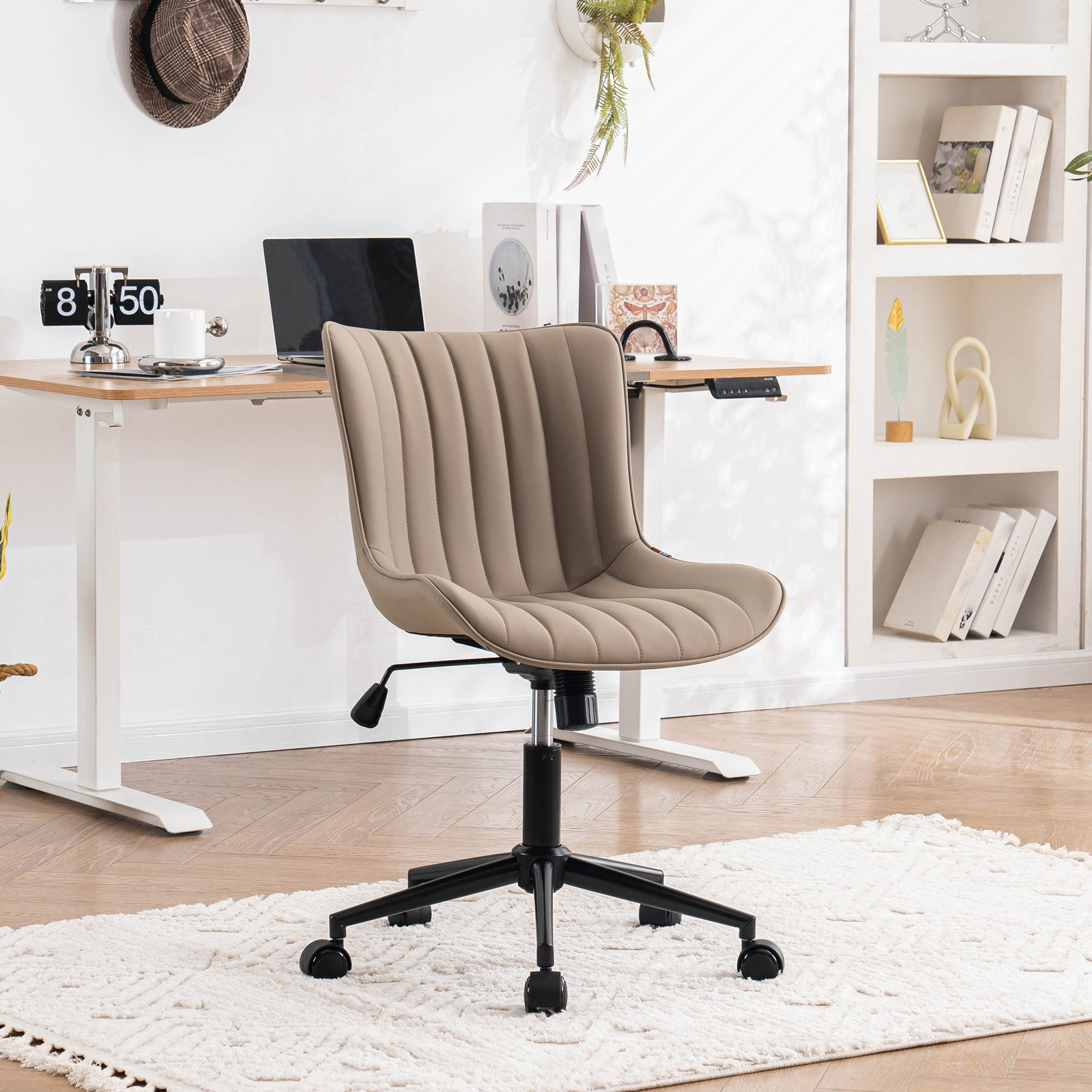 Brionni Leather Swivel Task Chair with Casters, Khaki Seat/ Black Frame