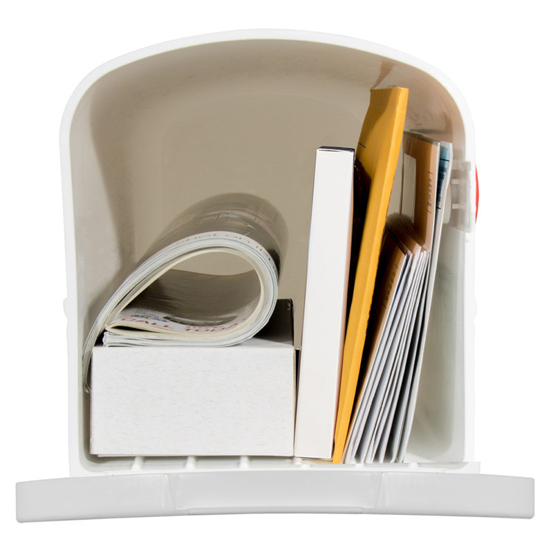White Plastic Medium Rural Mailbox with Red Flag