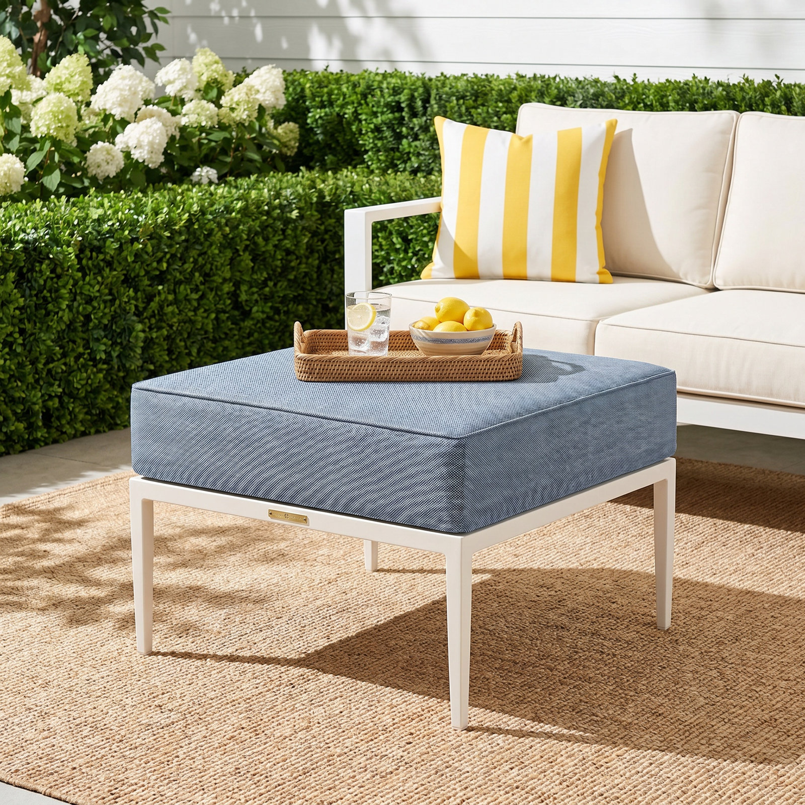 Elegante Wrought Aluminum Outdoor Latticework Ottoman, Rollo Chambray, Welt, Chalk 