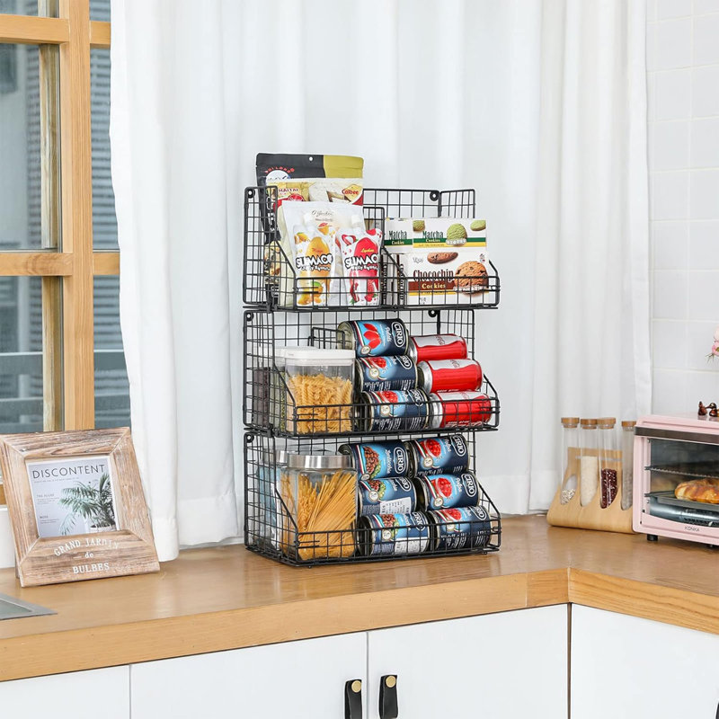 3-Tier Large Stackable Steel Wire Basket, Multipurpose Food Storage with 5 Removable Dividers, Suitable for Snacks, Spices, Canned Foods, Black