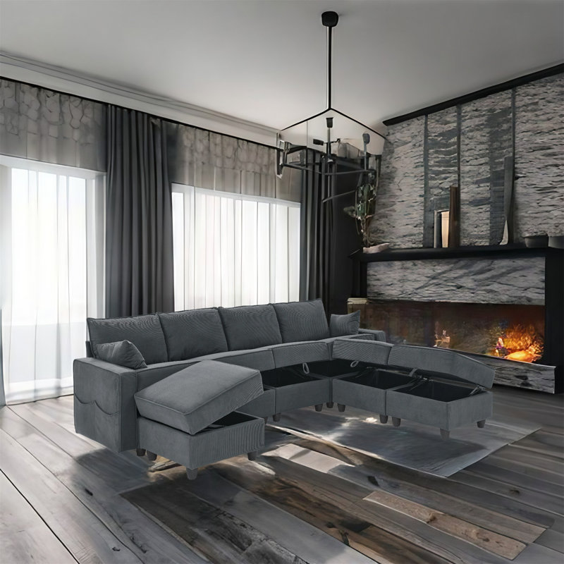 Canapé modulaire 7 pièces Ghufran, Velours côtelé gris foncé