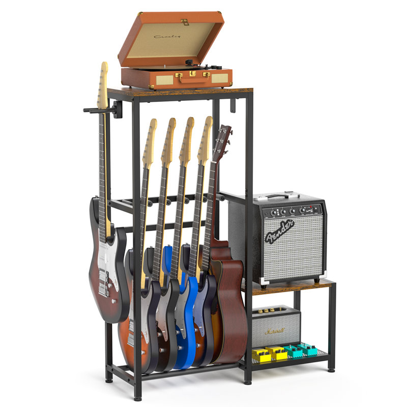 Support de guitare avec support pour tourne-disque, support de support pour 4 à 6 guitare acoustique, électrique, basse, support d'amplificateur de guitare réglable, rangement et affichage de musique multifonction pour salle de musique, studio, maison