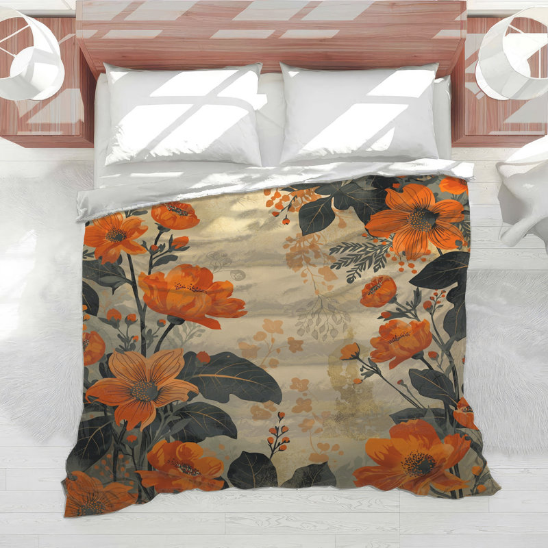 Édredon orange à motif floral, Grand lit