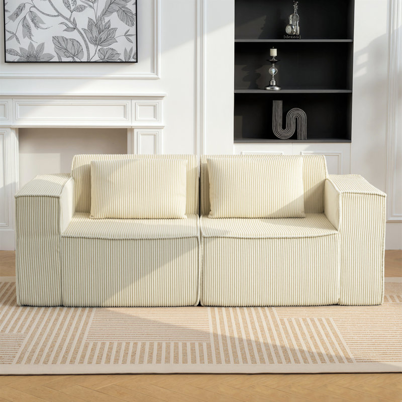 Canapé désossé en velours côtelé 3 places avec 2 coussins, beige