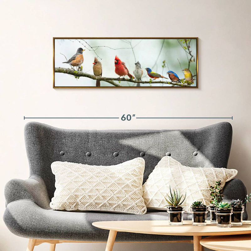 Rassemblement d'oiseaux, Cadre flottant doré, 37 po x 13 po