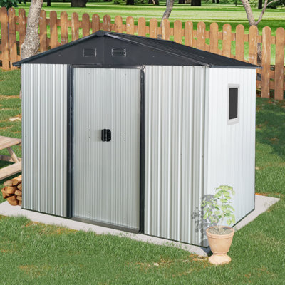 Remise de rangement extérieure en métal 8 pi x 4 pi avec fenêtre et fondation en métal pour la cour, le patio, la pelouse - blanc et noir