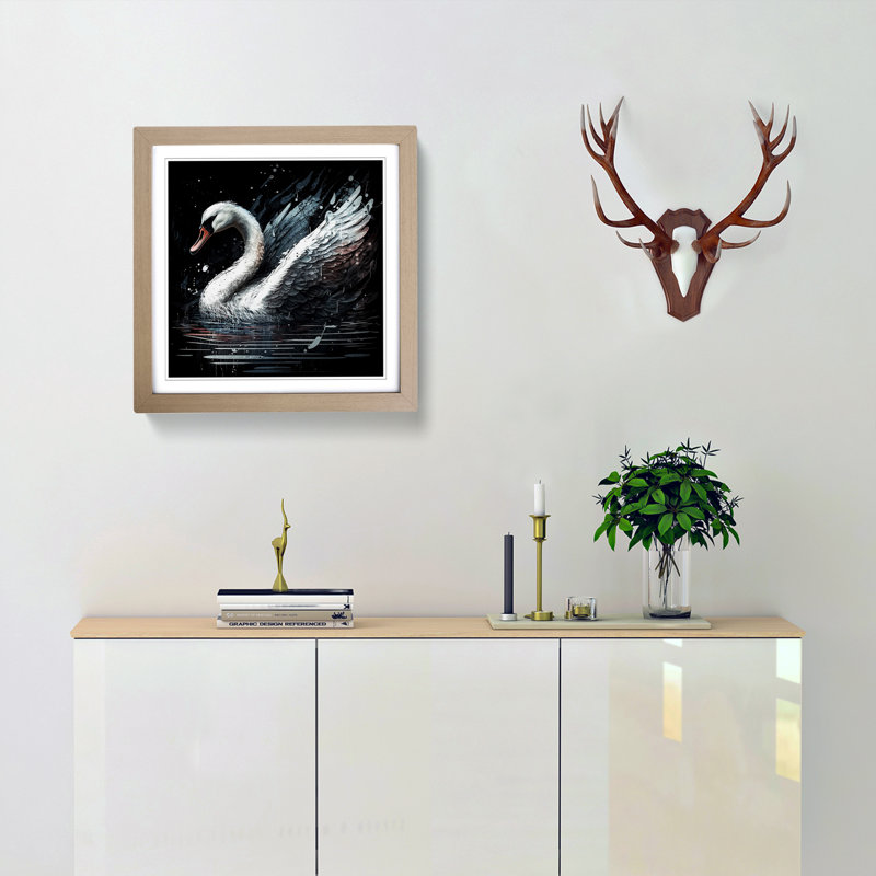 Swan Grunge Art - Single Picture Frame Print on Wood, Oak