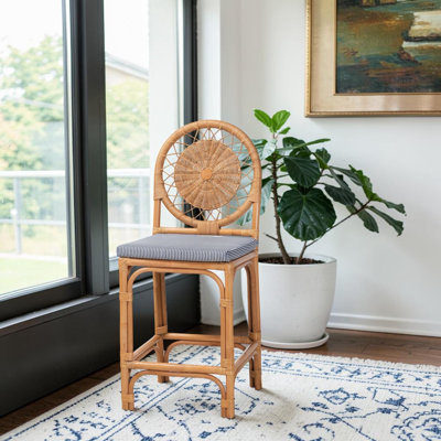Ford Handwoven Natural Rattan Counter Stool With Sunburst Backrest And Wicker Cushion For Kitchen Island Seating