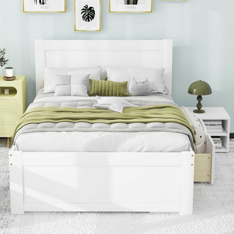 Lit plateforme simple avec tiroir et deux tablettes, blanc, Lit simple, Blanc antique